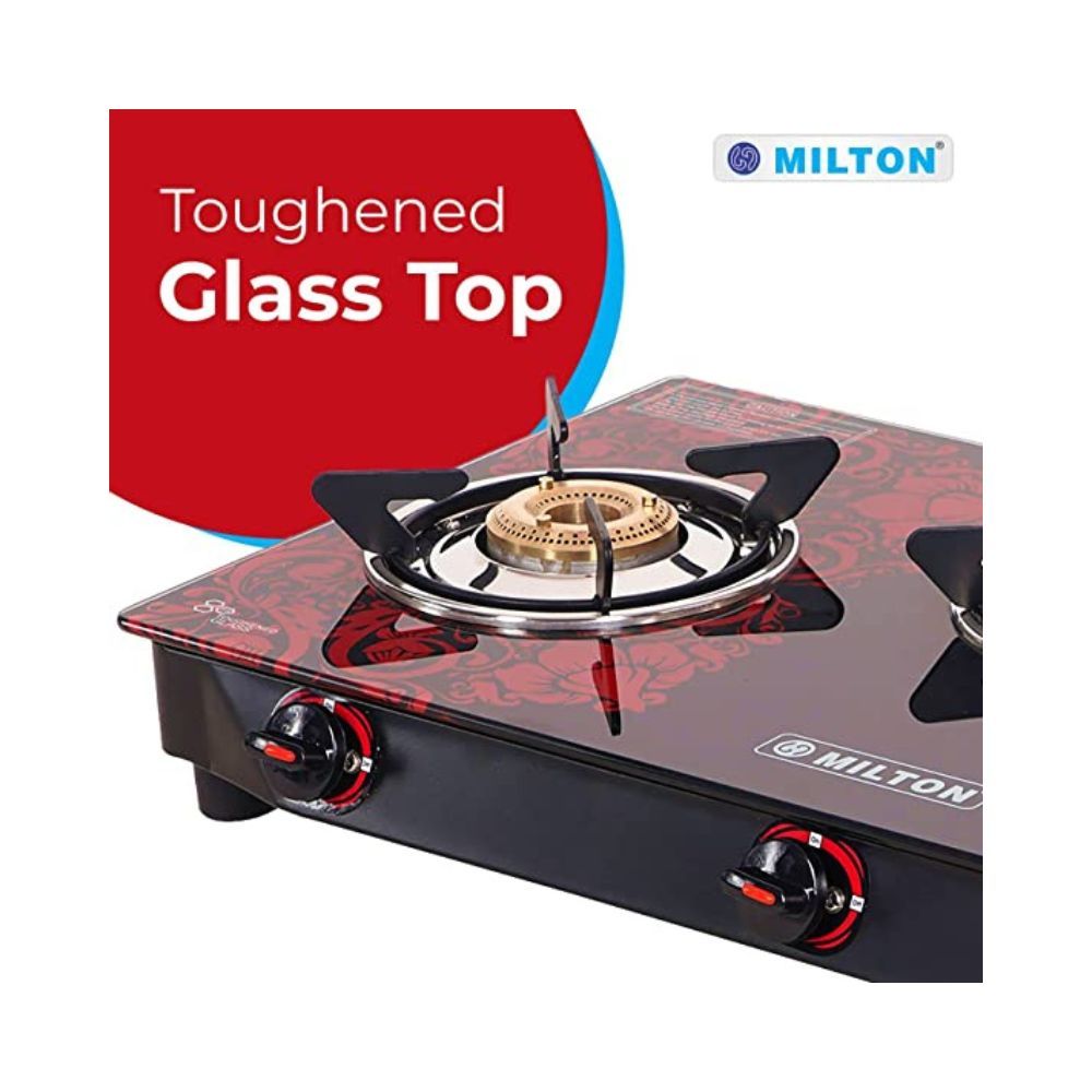 MILTON Premium 3 Burner Red Manual Ignition LPG Glass Top Gas Stove, (ISI Certified)