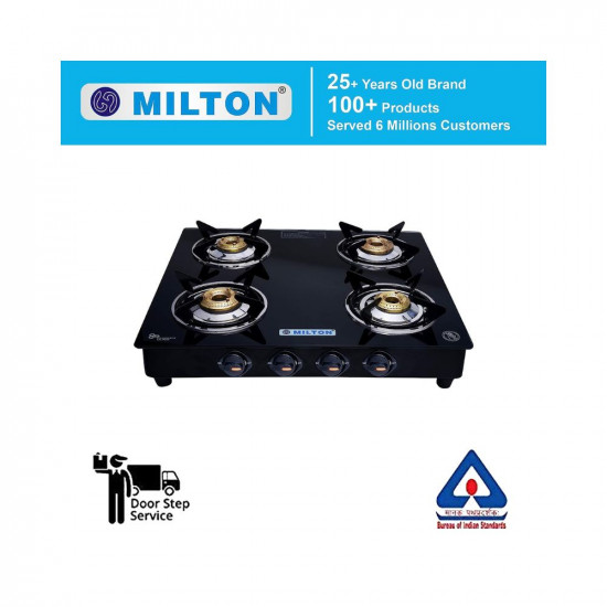 MILTON Premium 4 Burner Black Manual Ignition LPG Glass Top Gas Stove ISI Certified