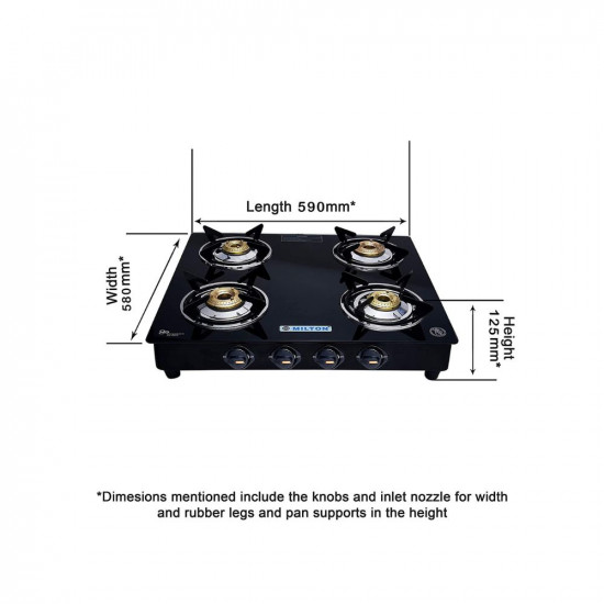 MILTON Premium 4 Burner Black Manual Ignition LPG Glass Top Gas Stove ISI Certified