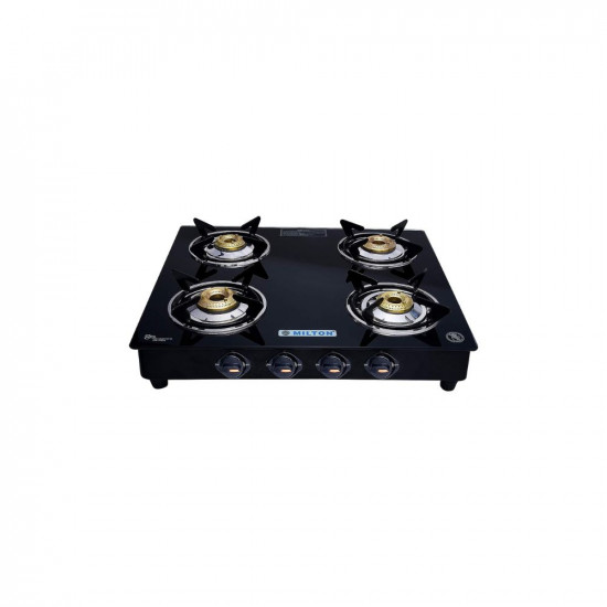 MILTON Premium 4 Burner Black Manual Ignition LPG Glass Top Gas Stove ISI Certified