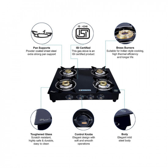MILTON Premium 4 Burner Black Manual Ignition LPG Glass Top Gas Stove ISI Certified
