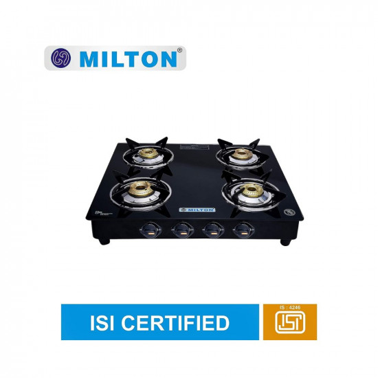 MILTON Premium 4 Burner Black Manual Ignition LPG Glass Top Gas Stove, (ISI Certified)