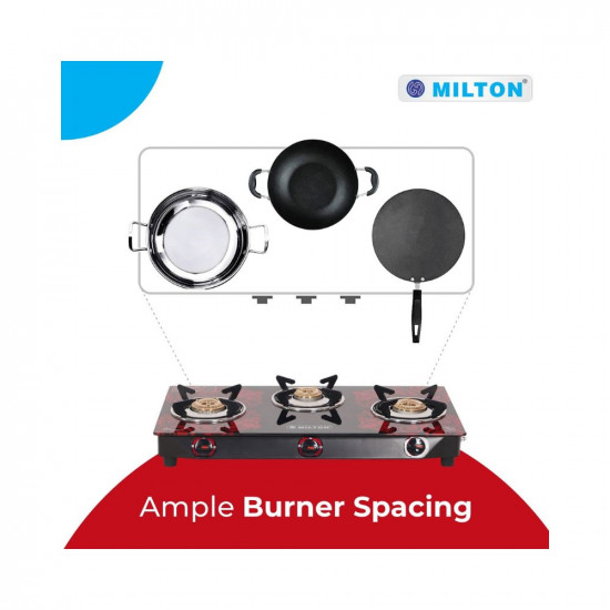 MILTON Premium Red Manual Ignition LPG Glass Top Gas Stove ISI Certified 3 Burner