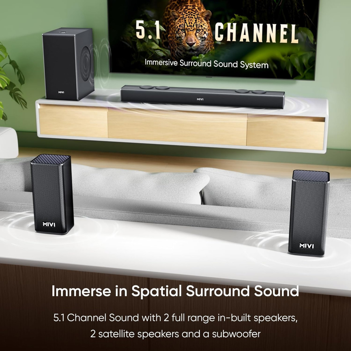 Mivi Fort Q500 Soundbar with 500W Surround Sound 51 Channel with External subwoofer  2 Satellite Speakers Multiple EQ  Input Modes Remote BT v53 Made in India Sound bar for TV