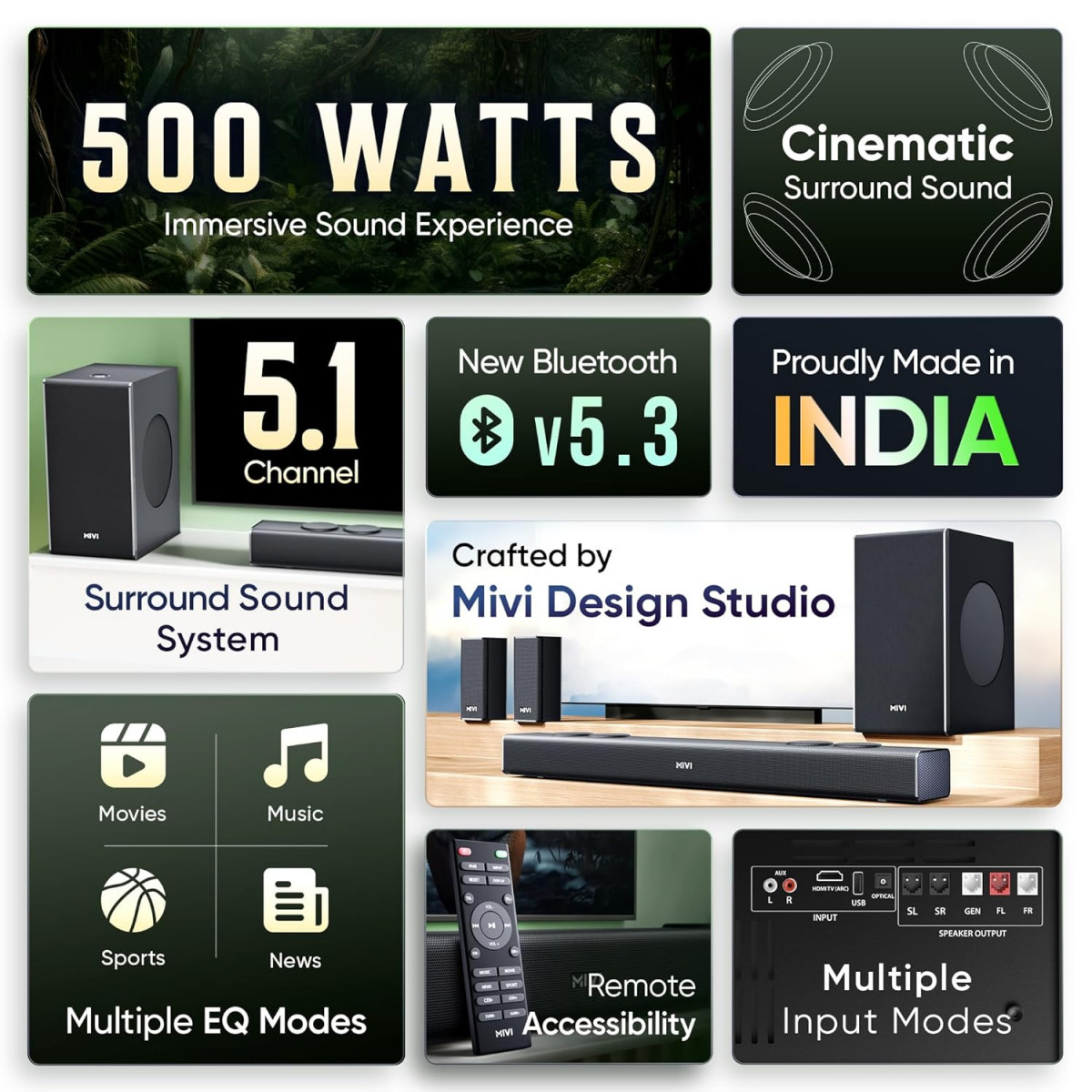 Mivi Fort Q500 Soundbar with 500W Surround Sound 51 Channel with External subwoofer  2 Satellite Speakers Multiple EQ  Input Modes Remote BT v53 Made in India Sound bar for TV
