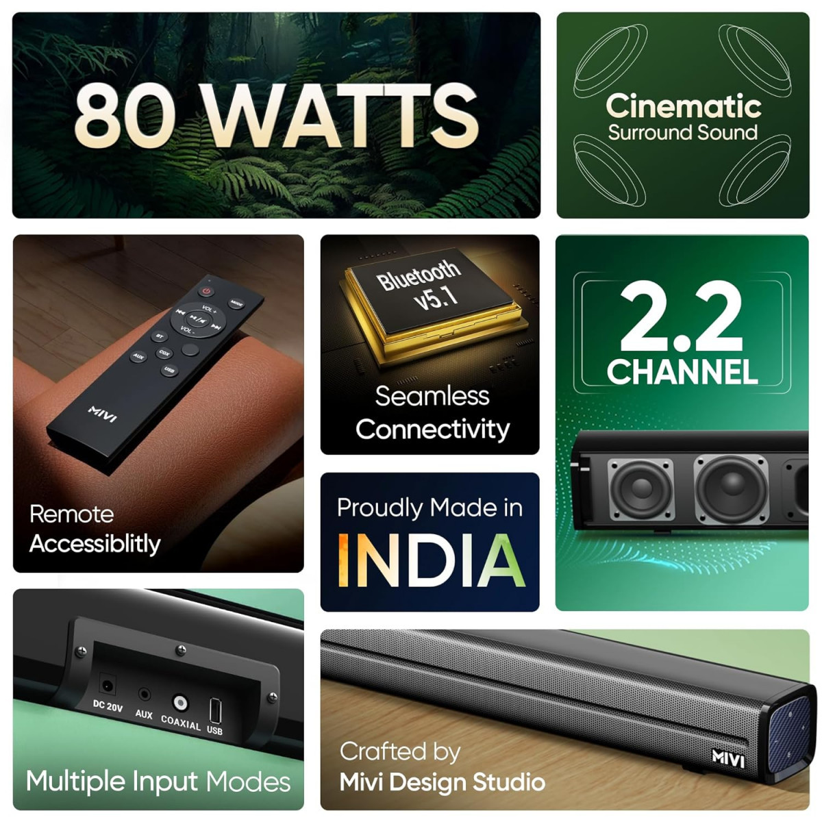 Mivi Fort Q80 Soundbar with 80W Surround Sound 22 Channel soundbar with 2 in-Built subwoofers Multiple EQ and Input Modes Remote Accessibility Bluetooth v51 Made in India Sound bar for TV