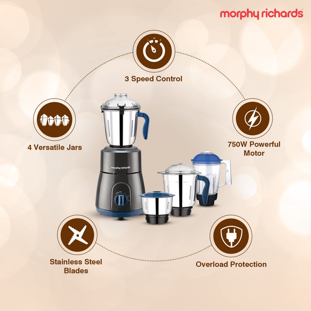 Morphy Richards 750W Relish 4 Jars Mixer Grinder Black and Blue Regular