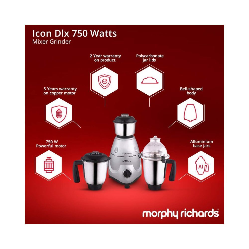 Morphy Richards Icon DLX 750-Watt Mixer Grinder with 3 Jars Silver