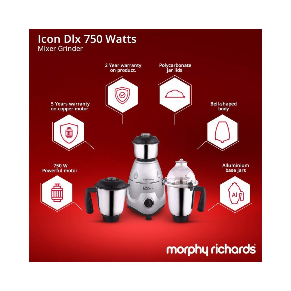 Morphy Richards Icon DLX 750-Watt Mixer Grinder with 3 Jars (Silver)