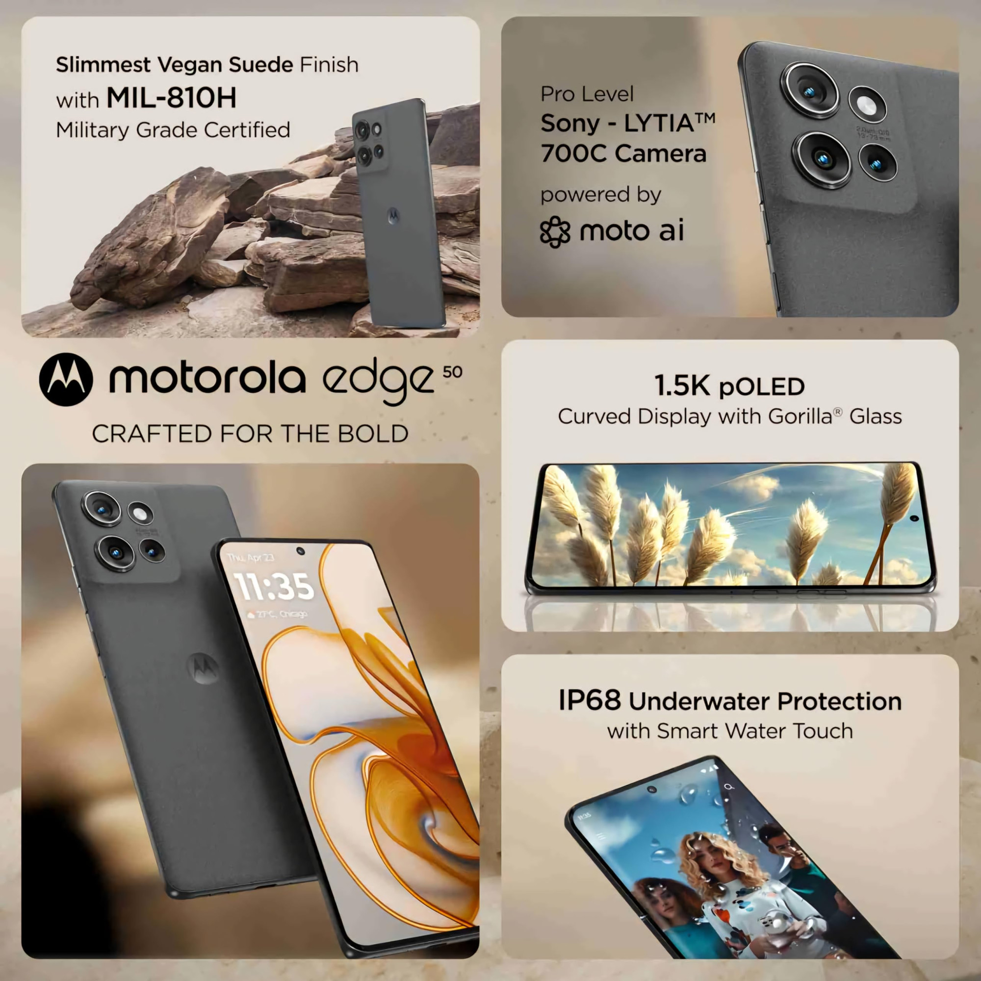 Motorola Edge 50 5G 8GB RAM  256GB Storage  50MP  13MP  10MP  32MP Front Camera  5000 mAh Battery  Snapdragon 7 Gen 1 Accelerated Edition Processor Koala Grey