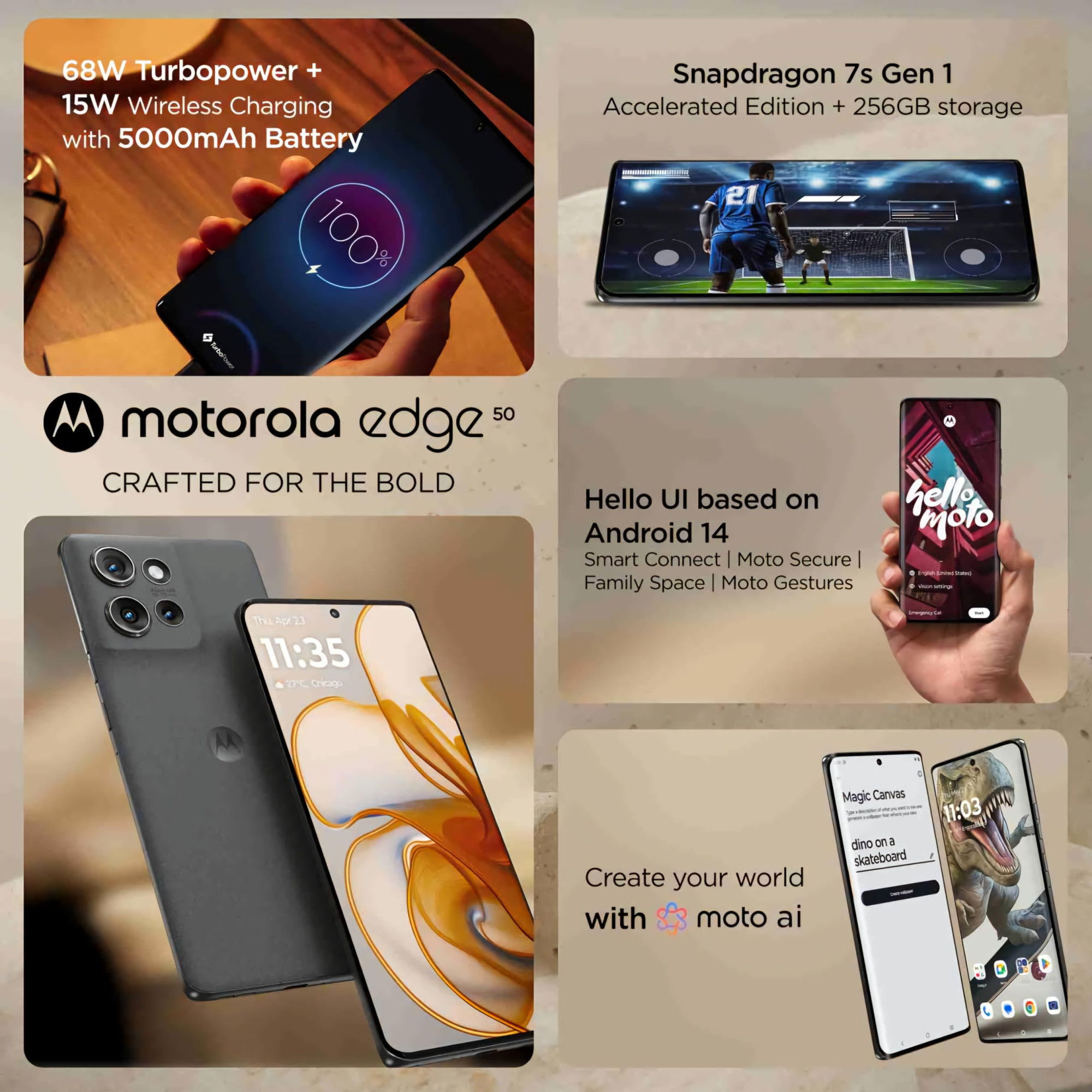 Motorola Edge 50 5G 8GB RAM  256GB Storage  50MP  13MP  10MP  32MP Front Camera  5000 mAh Battery  Snapdragon 7 Gen 1 Accelerated Edition Processor Koala Grey