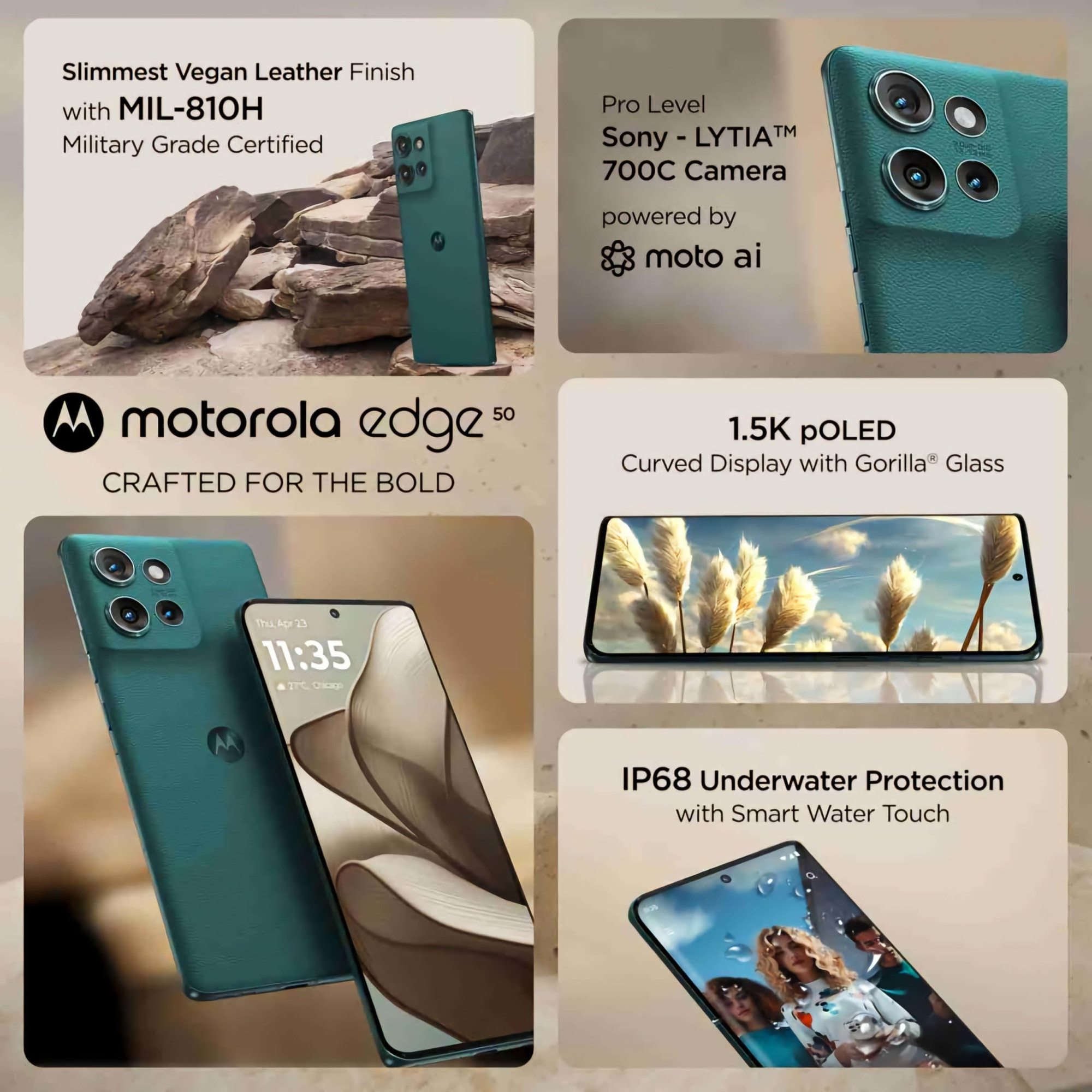 Motorola Edge 50 5G 8GB RAM  256GB Storage  50MP  13MP  10MP  32MP Front Camera  5000 mAh Battery  Snapdragon 7 Gen 1 Accelerated Edition Processor Jungle Green
