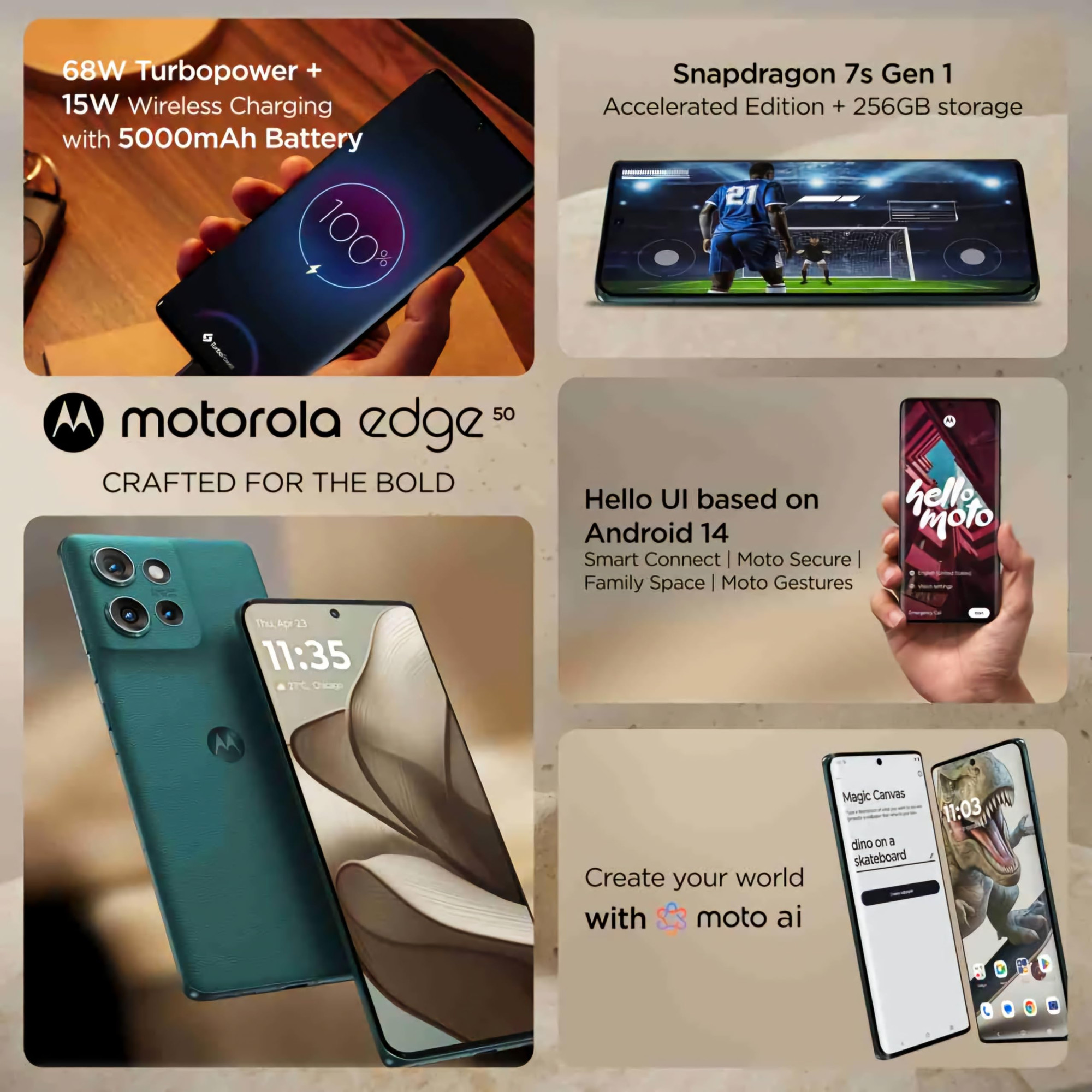 Motorola Edge 50 5G 8GB RAM  256GB Storage  50MP  13MP  10MP  32MP Front Camera  5000 mAh Battery  Snapdragon 7 Gen 1 Accelerated Edition Processor Jungle Green