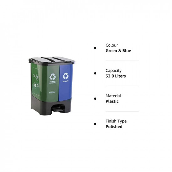 Nayasa 2 In 1 Dustbin - Dry Waste and Wet Waste Step-On Dustbin (33 Ltrs) - Big, Plastic, Green & Blue