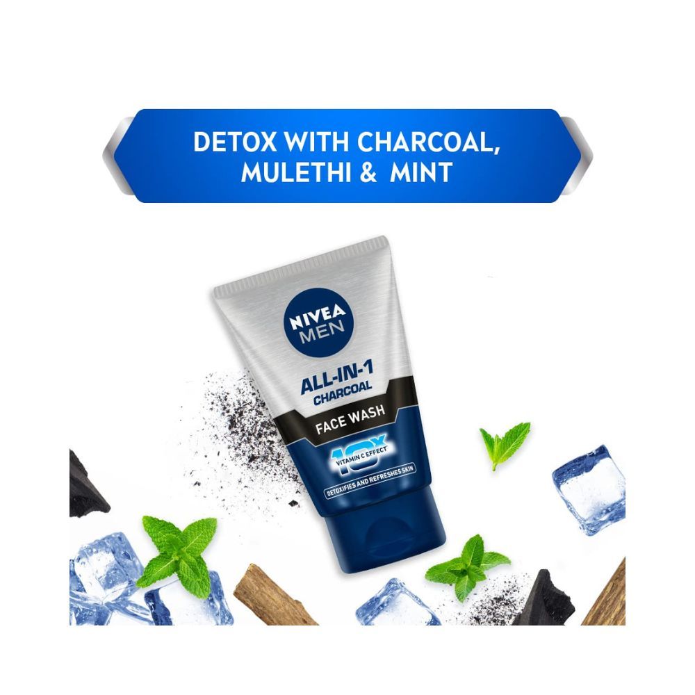 Nivea Men Face Wash, All in 1 Charcoal, to Detoxify & Refresh Skin with 10x Vitamin C Effect, for All Skin Types