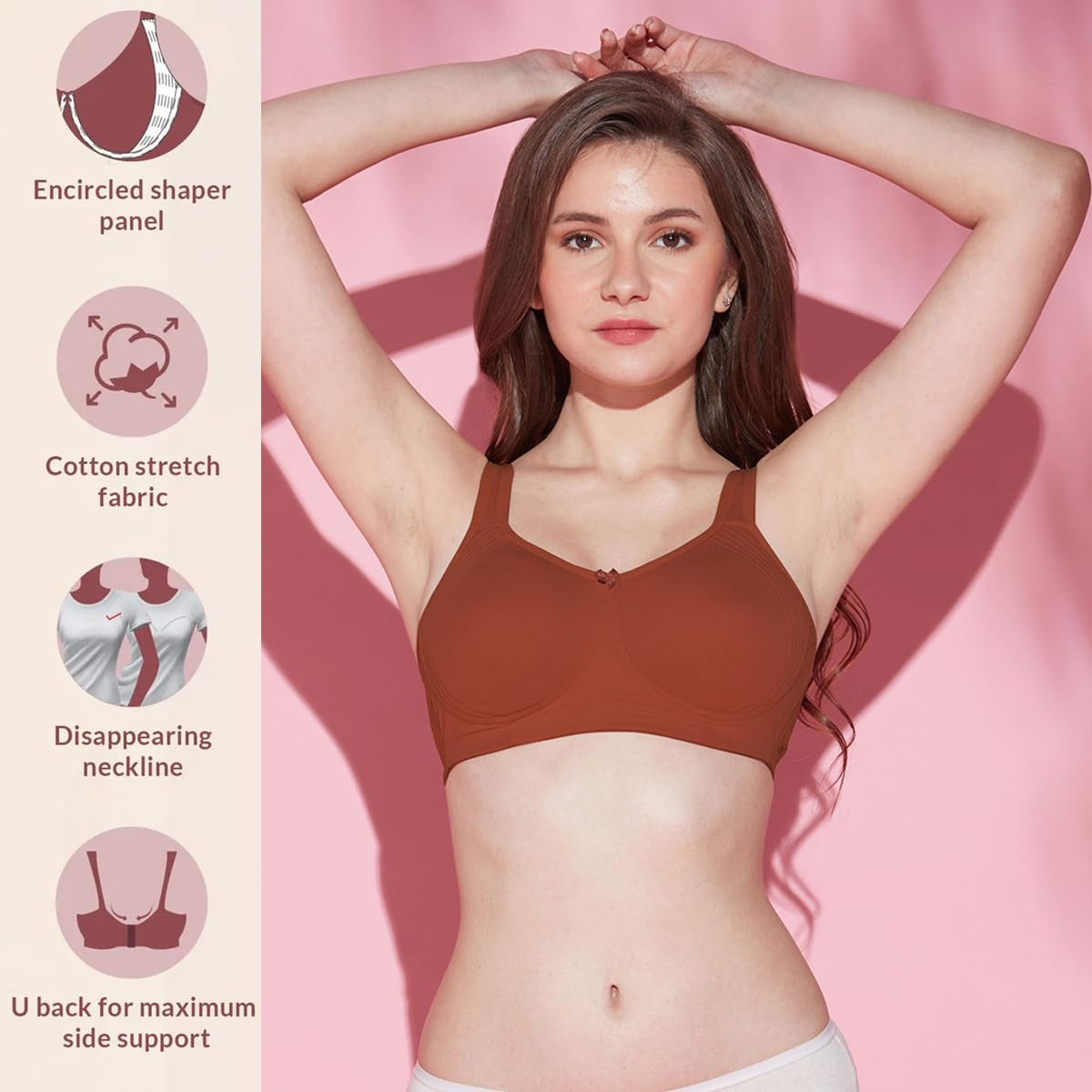 NYKD Encircled with Love Everyday Cotton Bra for Women Non Padded,  Wirefree, Full Coverage - Side Support Shaper - Bra, NYB169, Rust, 32C,  1N,Size 32C