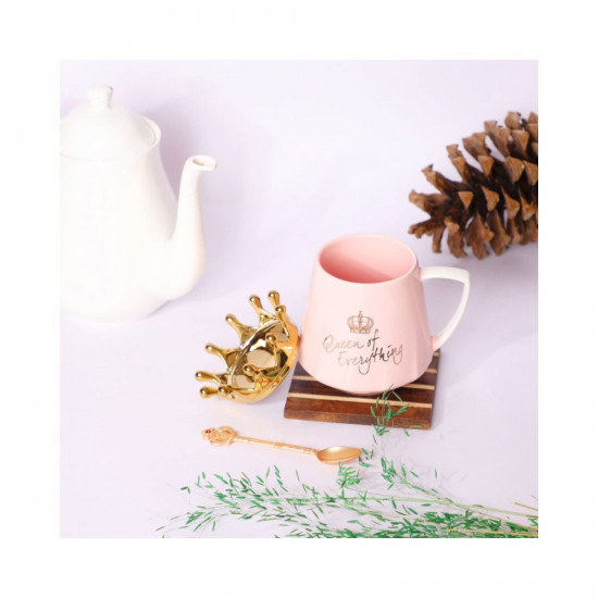 NYRWANA DELIVERING SMILES IN INIDA Queen of Everything Mug with Crown Lid & Golden Crown Spoon Coffee Mug for Birthday Gifts Women Girls (Pink, Ceramic, 350 ml)