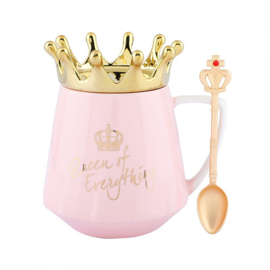 NYRWANA DELIVERING SMILES IN INIDA Queen of Everything Mug with Crown Lid & Golden Crown Spoon Coffee Mug for Birthday Gifts Women Girls (Pink, Ceramic, 350 ml)