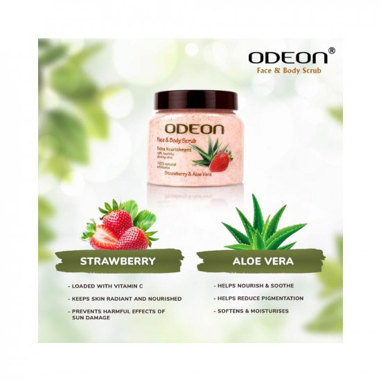 ODEON Strawberry & Aloe Vera Scrub (300ml) | Body Scrub for Tan Removal | Gentle Exfoliation Scrub for a Smoother Complexion | Tan Removal Bathing Scrub with Goodness of Real Strawberries & Aloe Vera's Calming Properties