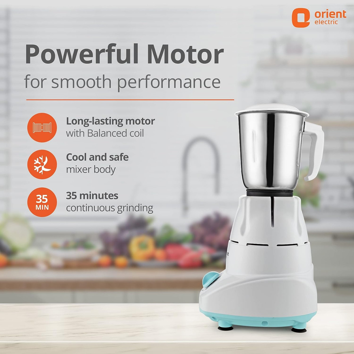 Orient Electric 500W mixer grinder  Kitchen Kraft 500 MGKK50B3 with 3 SS jars  Longer life balanced coil motor  ABS body  Uniform grinding  5 years motor warranty
