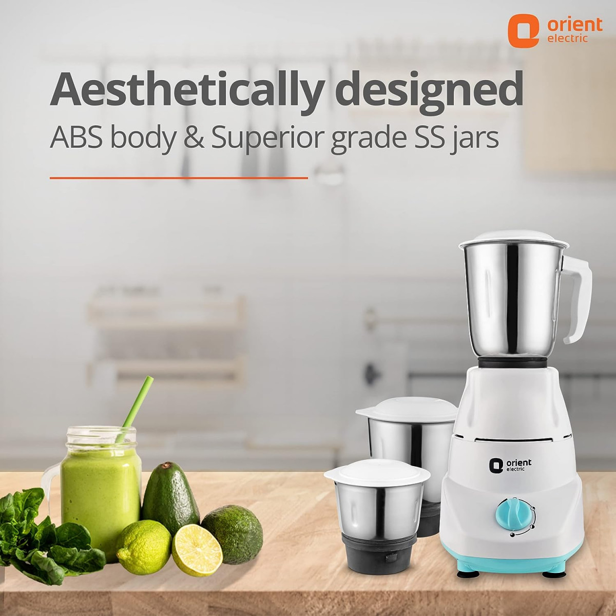 Orient Electric 500W mixer grinder  Kitchen Kraft 500 MGKK50B3 with 3 SS jars  Longer life balanced coil motor  ABS body  Uniform grinding  5 years motor warranty