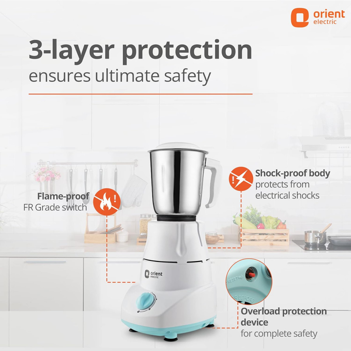 Orient Electric 500W mixer grinder  Kitchen Kraft 500 MGKK50B3 with 3 SS jars  Longer life balanced coil motor  ABS body  Uniform grinding  5 years motor warranty
