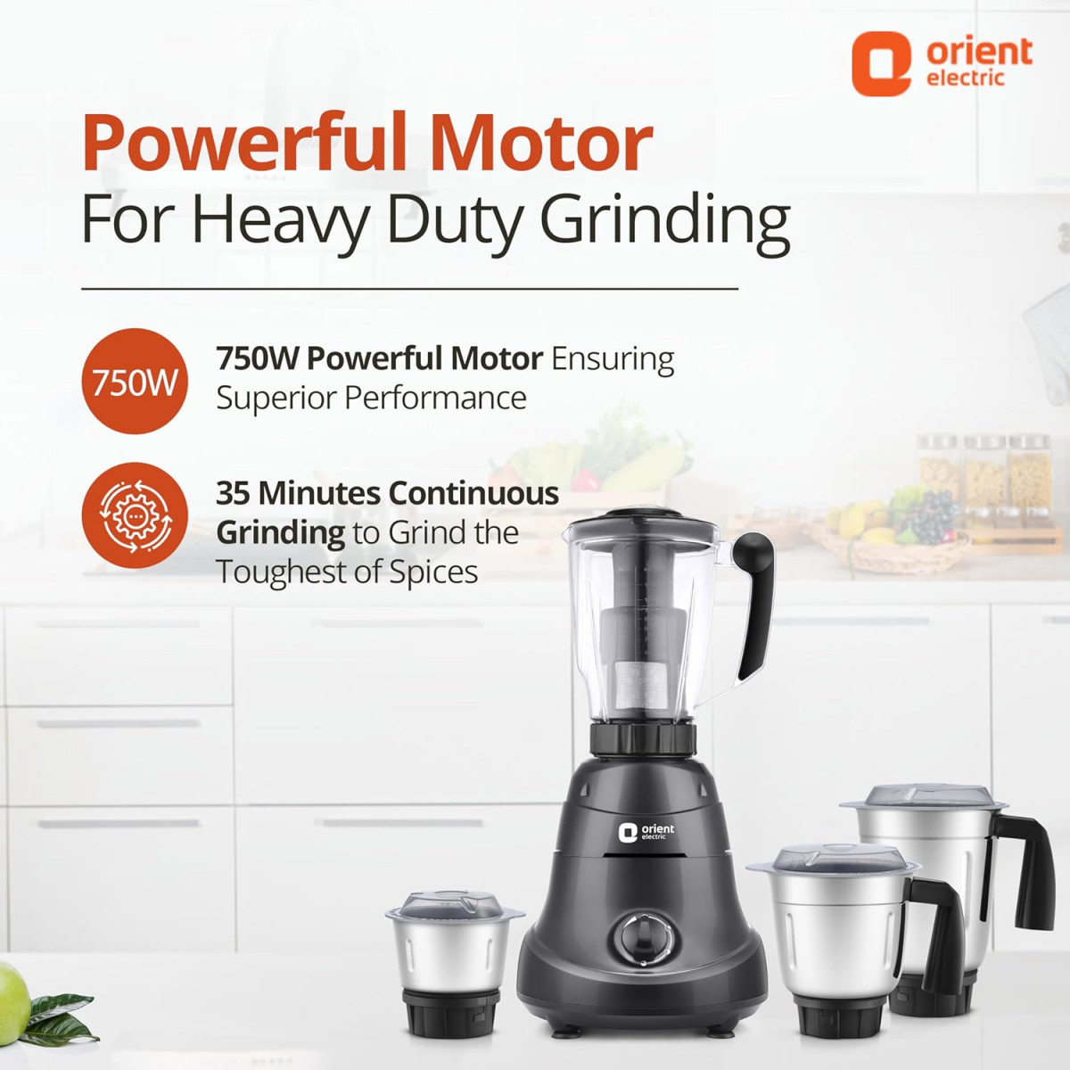 Orient Electric 750W Mixer Grinder with Juicer  Super Power 750 MGSP75B4 4 jar with 3 SS Jars and 1 PC juicing jar with Seive  Longer Life Balanced Coil Motor 5 Years Motor Warranty