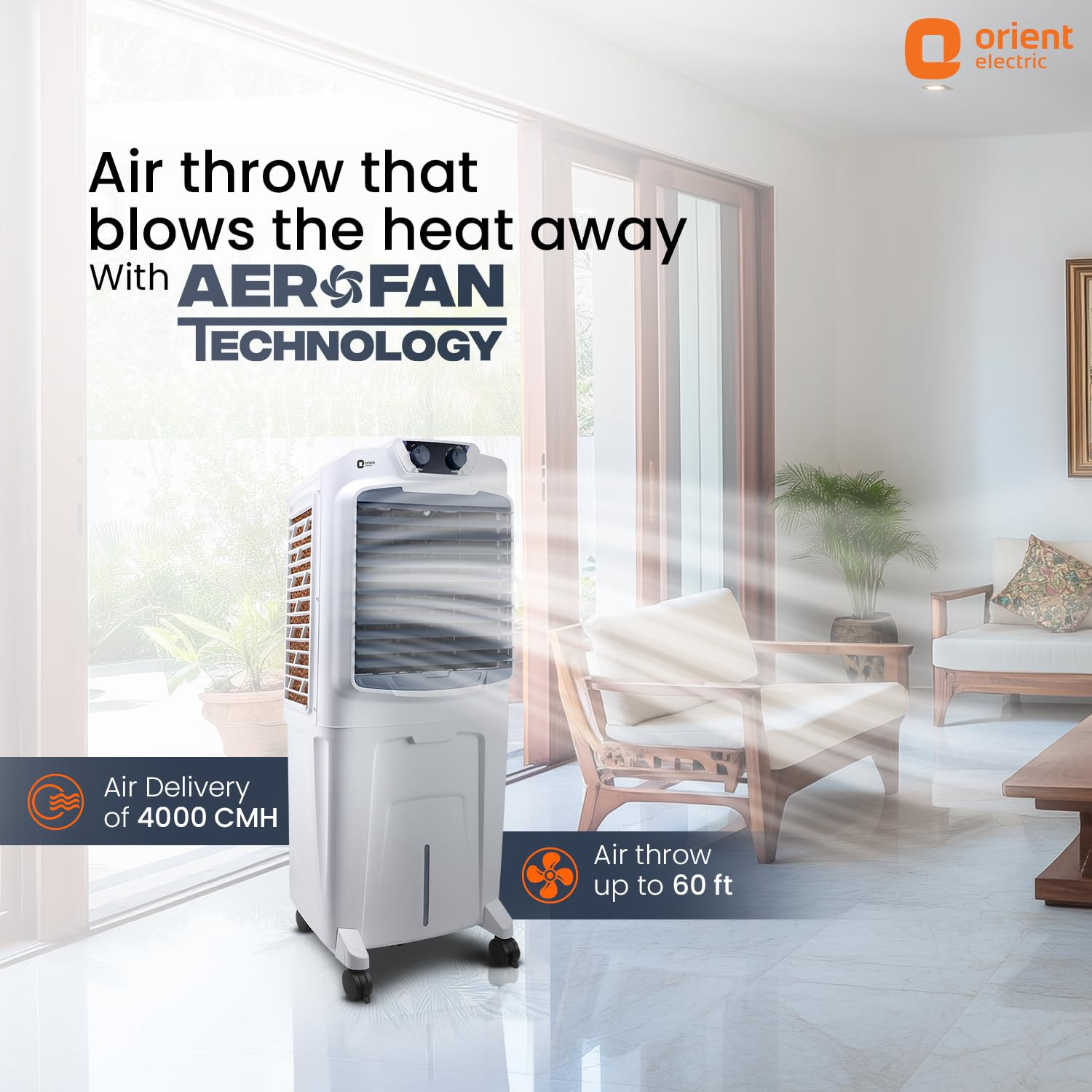 Orient Electric Optimo 95 L Desert Air Cooler For Home  Densenest Honeycomb Pads For More Cooling Inverter Compatible  4000 Mch High Air Delivery  Air Cooler For Room  White