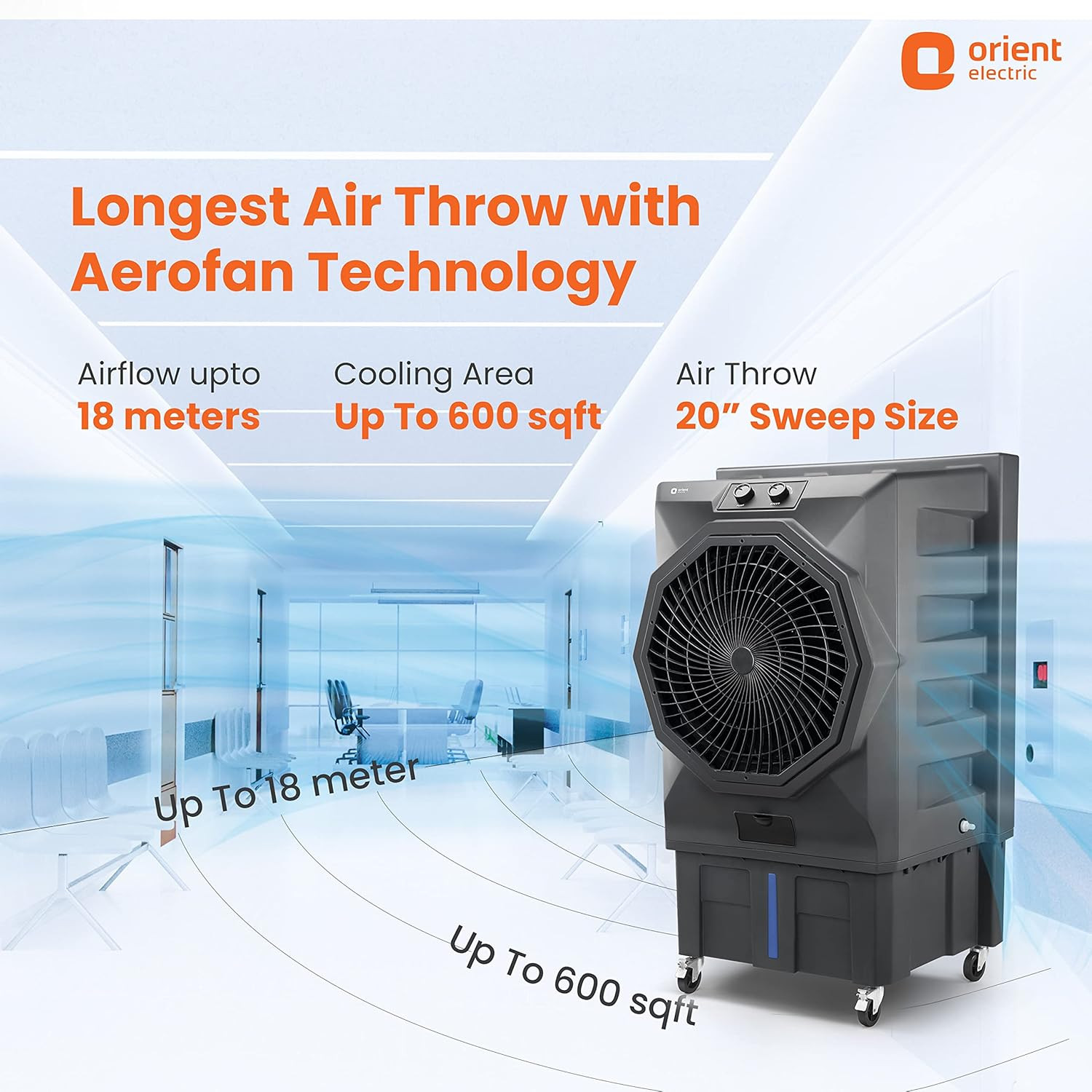Orient Electric Stark 110 L Heavy Duty Commercial Air Cooler With 20 Fan  Aerofan Technology High-Density Honeycomb Cooling Pads  Extra Powerful Air Throw  Auto Water Refill Technology Grey