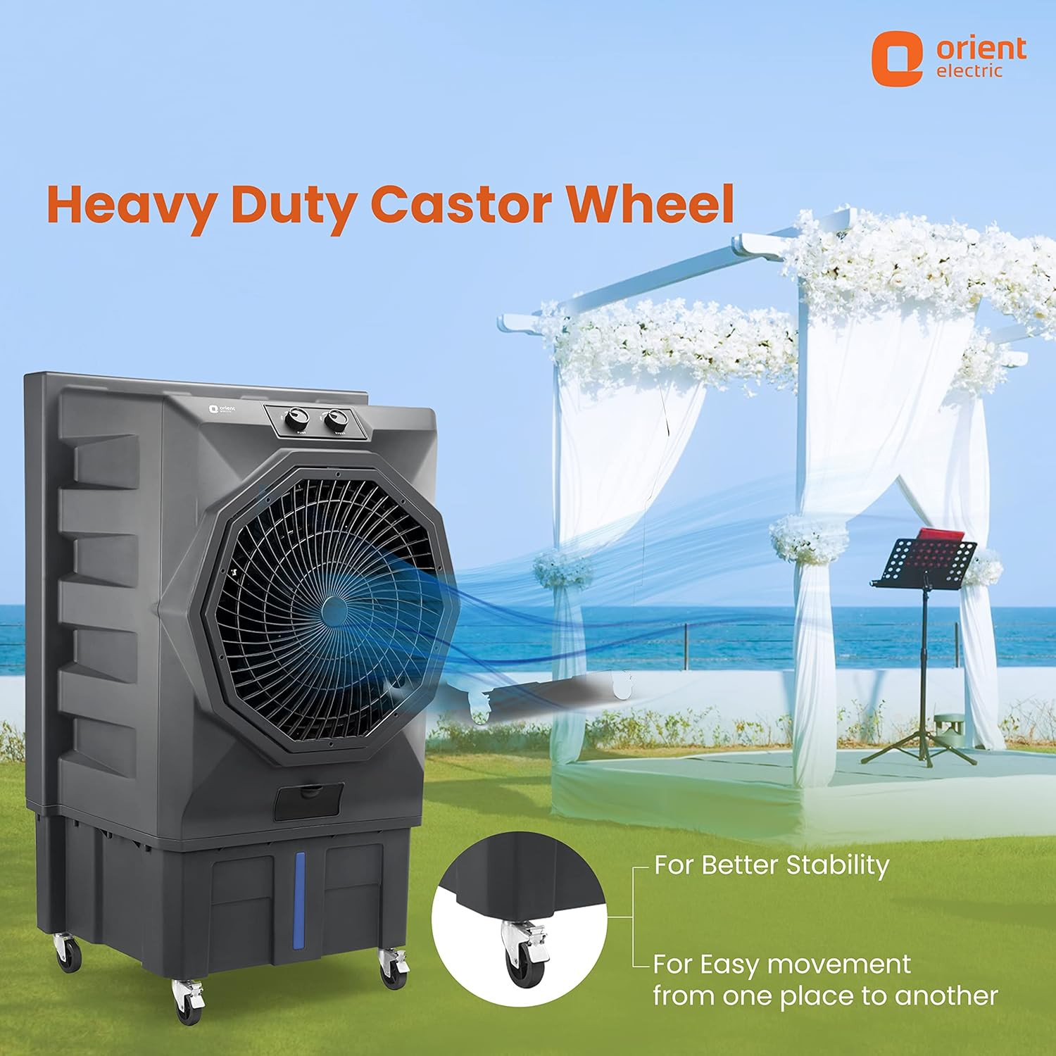 Orient Electric Stark 110 L Heavy Duty Commercial Air Cooler With 20 Fan  Aerofan Technology High-Density Honeycomb Cooling Pads  Extra Powerful Air Throw  Auto Water Refill Technology Grey