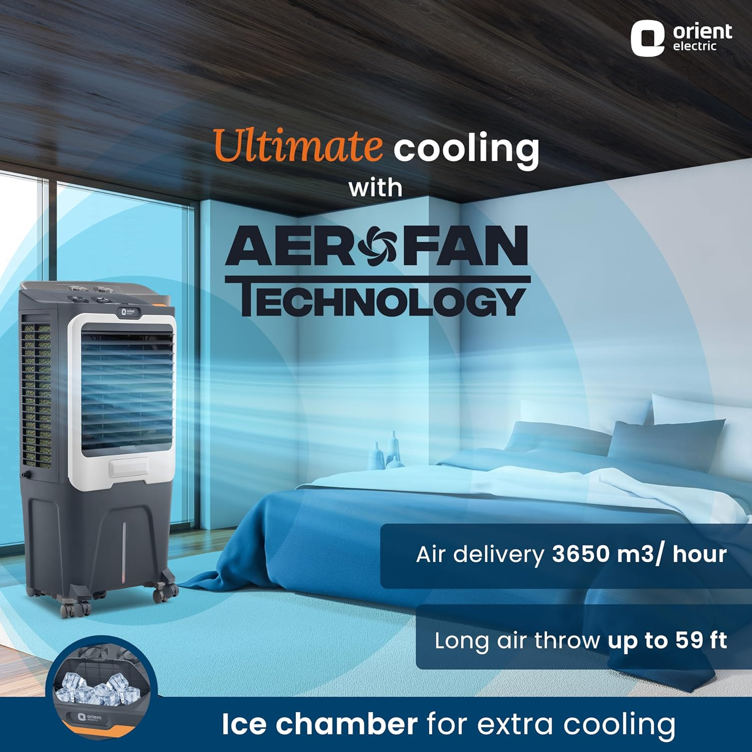 Orient Electric Ultimo 65L Desert Air Cooler with Densenest Honeycomb pads Ice chamber  High Air Delivery  Desert Cooler for home Grey