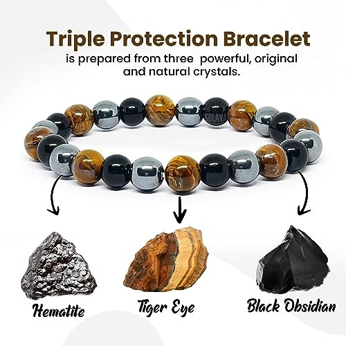 Natural Tiger's Eye Obsidian Hematite Beads Bracelets for Men Triple  Protection