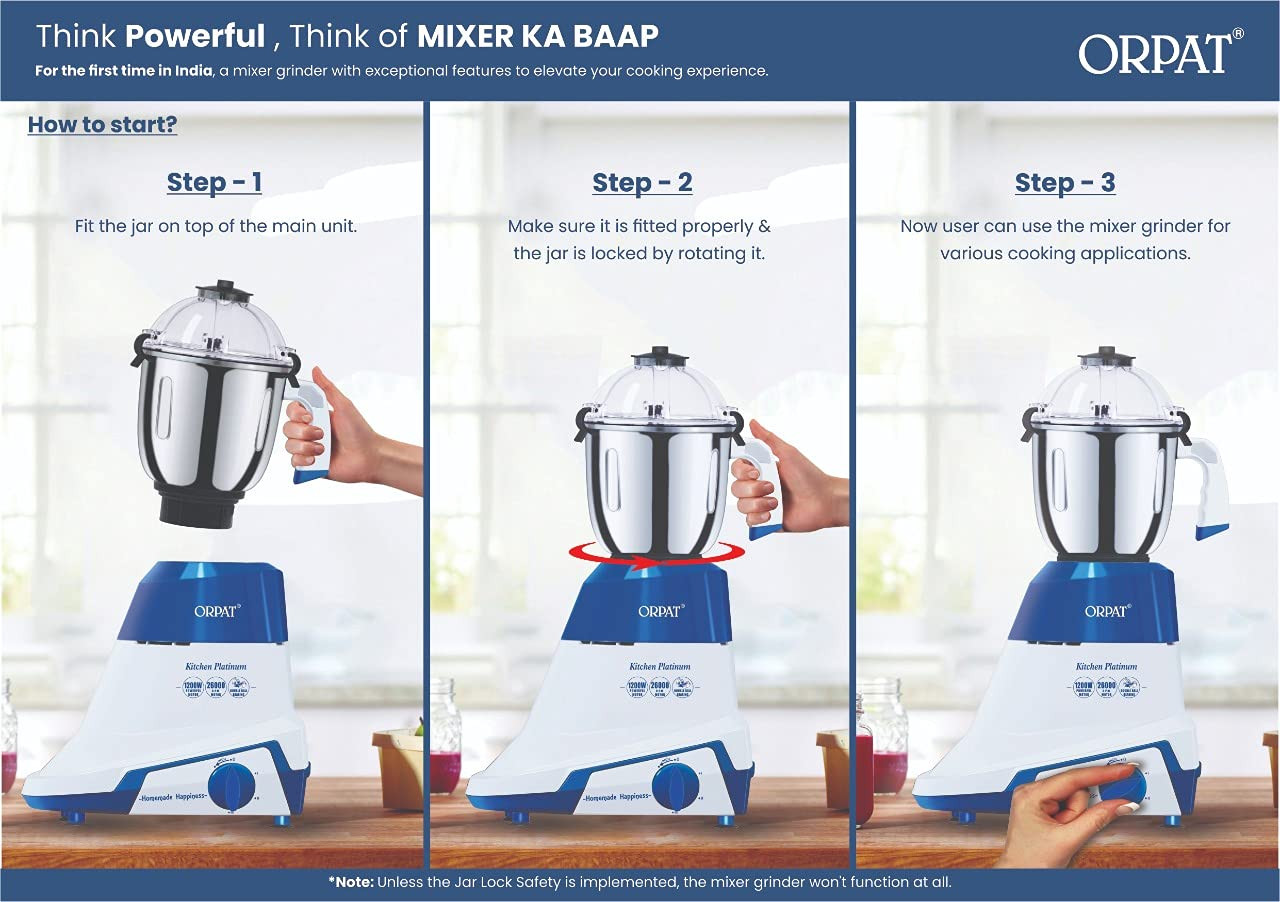 Orpat Kitchen Platinum Mixer Grinder  1200 W  Blue MIXER KA BAAP
