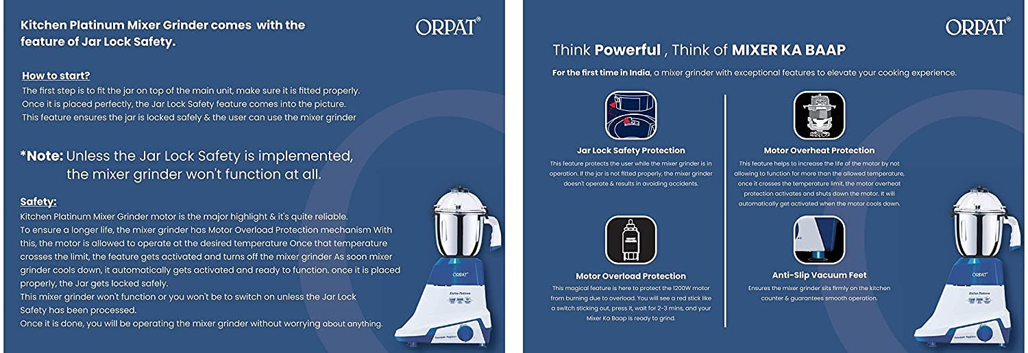 Orpat Kitchen Platinum Mixer Grinder  1200 W  Blue MIXER KA BAAP