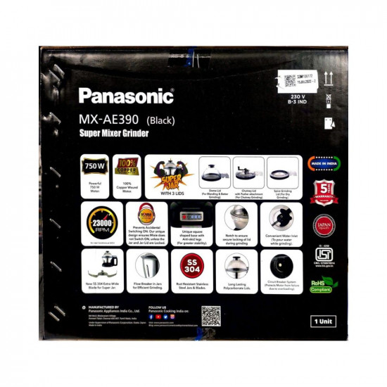 Panasonic MX-AE390 Black Monster Super Mixer Grinder 750W With 3 Jar