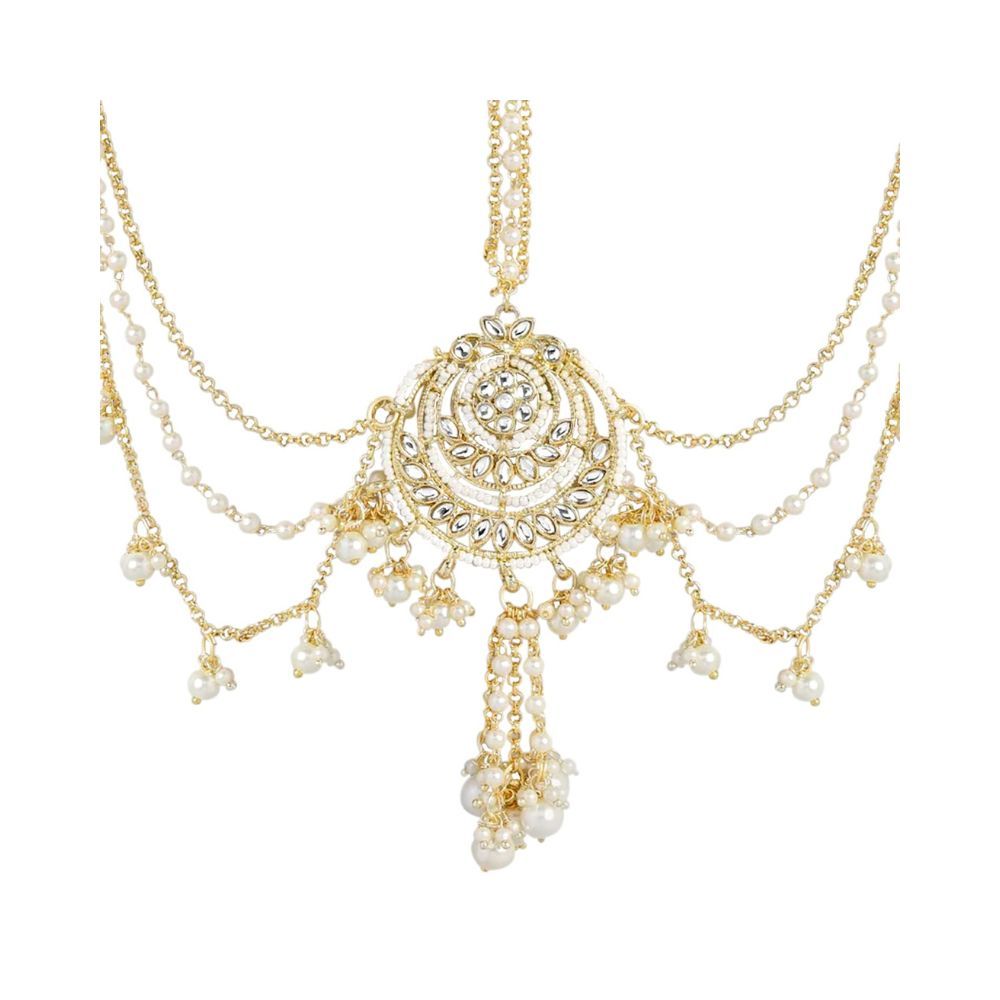 Peora Gold Plated Kundan Pearl Maang Tikka Matha Patti Jewellery for Women Girls