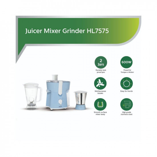 Philips Amaze HL757500 600-Watt Juicer Mixer Grinder with 2 Jars Celestial BlueBright White
