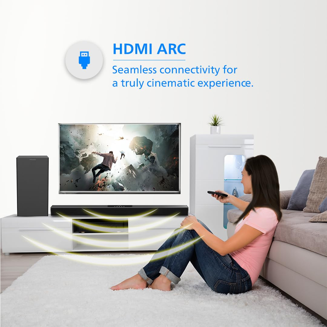 Philips Audio Newly Launched TAB421894 21Ch 120W Bluetooth Soundbar with Rich Bass 3 EQ Modes Multi-Connectivity Option with Supporting USB HDMIARC Optical Coaxial  Aux-in Black