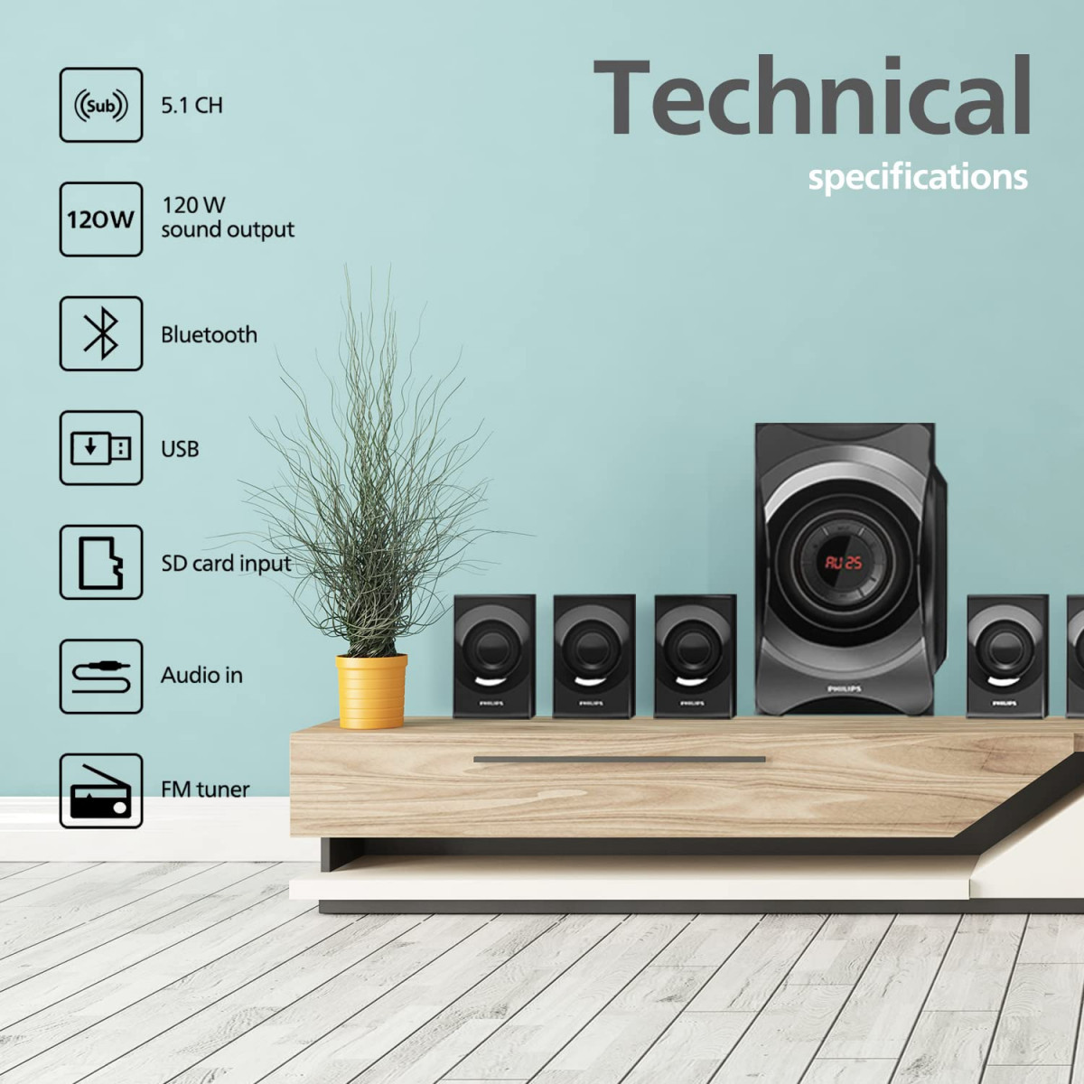 Philips Audio SPA8000B94 51 Channel Multimedia Speaker System with Bluetooth 5x15W Satellite Speakers LED Display Robust Design  Matte Finish Black
