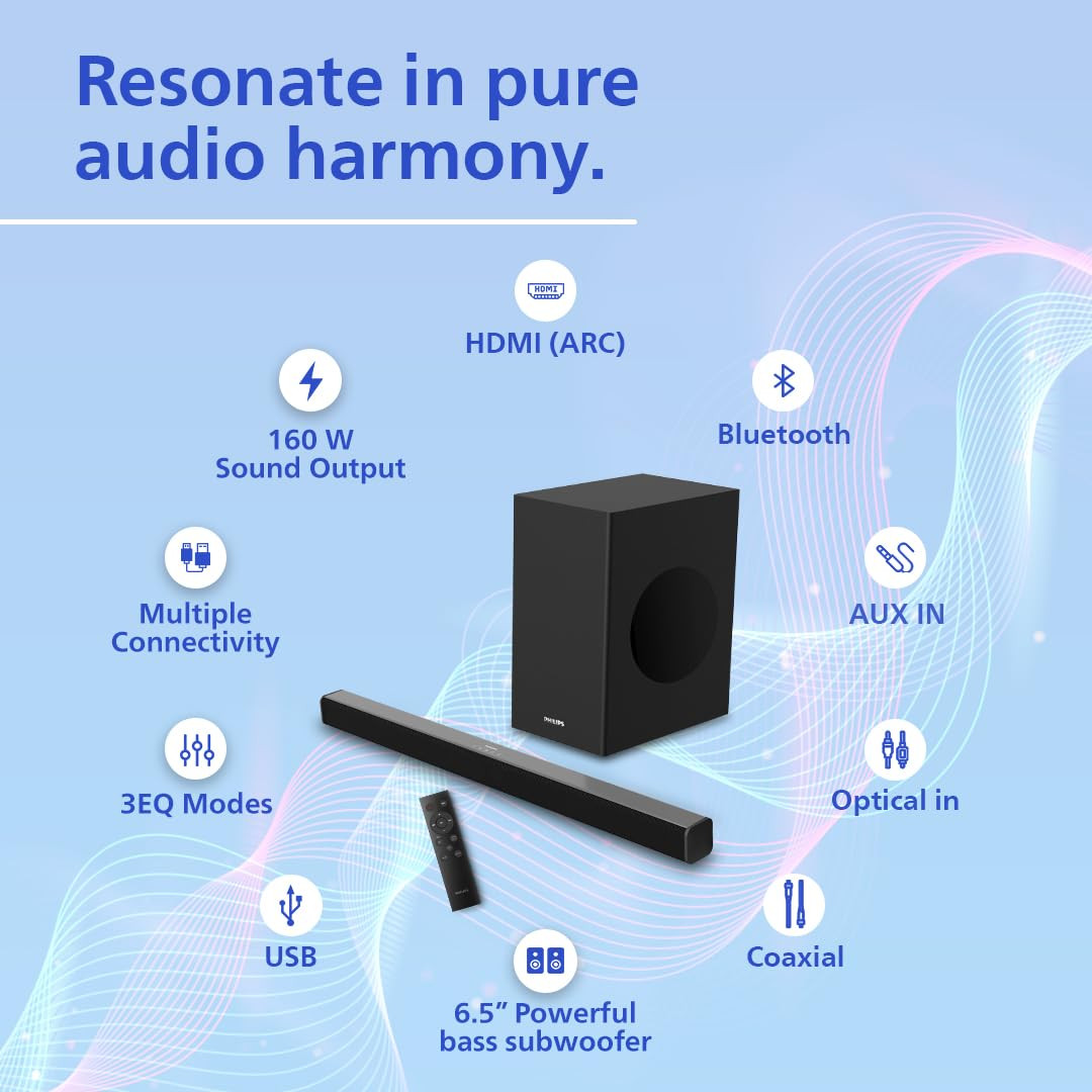 Philips Audio TAB422894 21Ch 160W Bluetooth Soundbar with Rich Bass 3 EQ Modes Multi-Connectivity Option with Supporting USB HDMIARC Optical Coaxial  Aux-in for Easy Connection Black