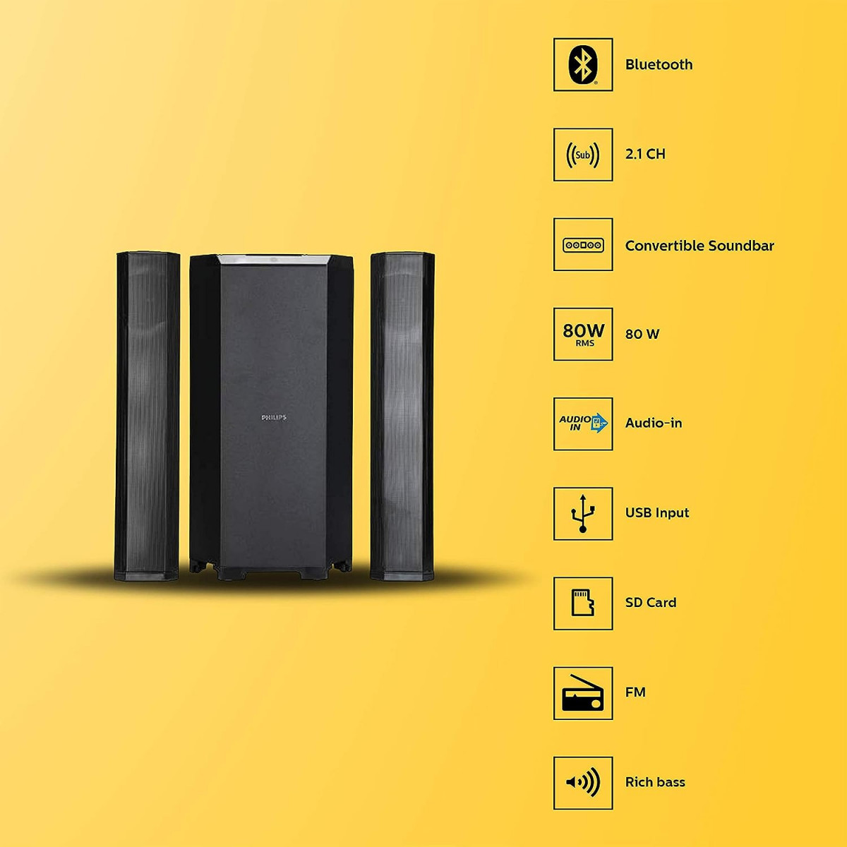 Philips Convertible Soundbar MMS8085B94 21 Channel with Multiple-Connectivity Option Black