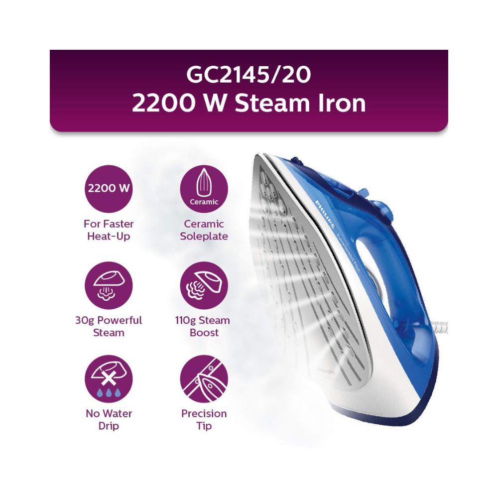Philips EasySpeed Plus Steam Iron GC2145/20-2200W, Quick Heat Up with up to 30 g/min steam, 110 g steam Boost
