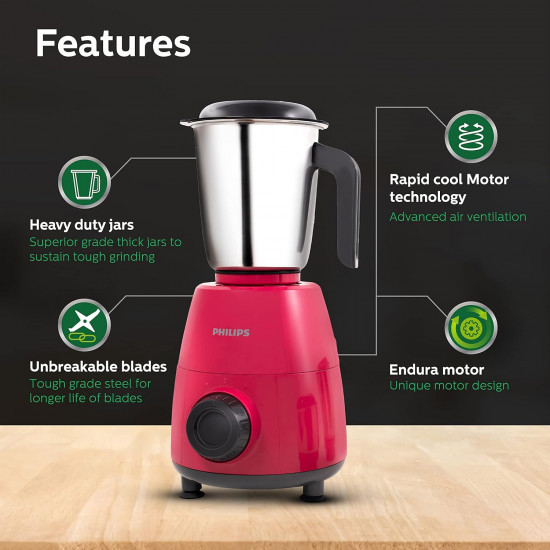 Philips HL750502 Mixer Grinder 500W Endura Motor with rapid cool motor technology 3 heavy duty and leak proof Jars