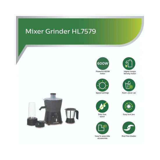 Philips HL757900 600W Turbo Juicer Mixer Grinder with 3 Jars -Blend and Carry Nutri Juicer Jar Multi Purpose jar