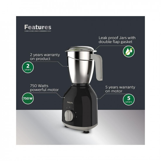 Philips HL775900 Mixer Grinder 750W Turbo Motor 4 Jars Black Quick cool ventilation for longer motor life