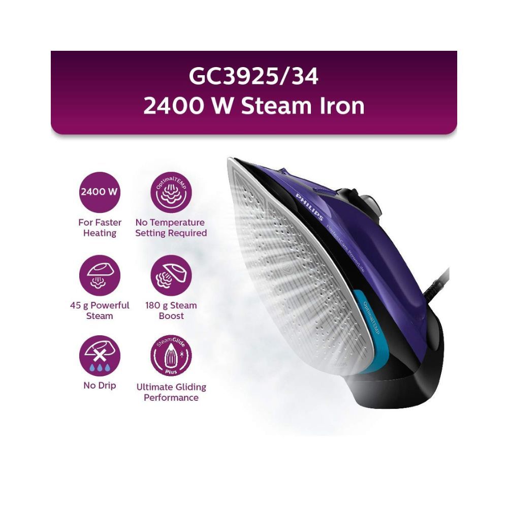 Philips Perfect Care Power Life Steam Iron GC3925/34, 2400W, up to 45 g/min steam Output