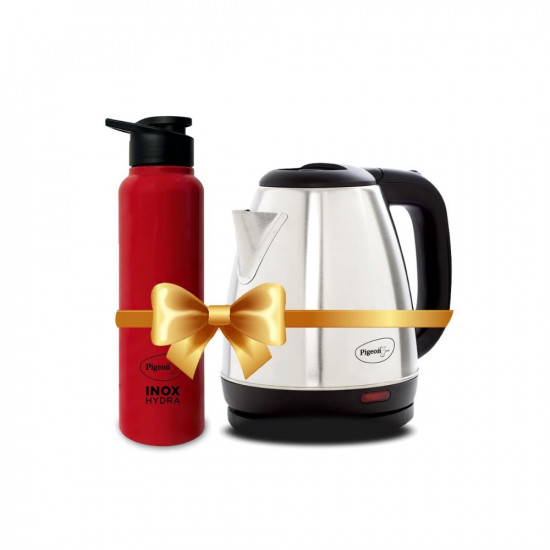 Pigeon 15 litre Hot Kettle and Stainless Steel Water Bottle Combo used for boiling Water Making Tea and Coffee Instant Noodles Soup 1500 Watt with Auto Shut- off Feature - Silver