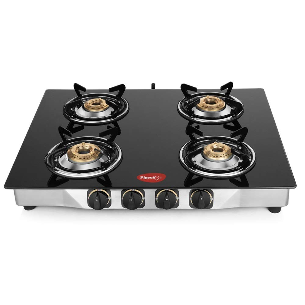 Pigeon by Stovekraft Blaze Gas Stove with High Powered 4 Brass Burner Glass Cooktop has Glass Top