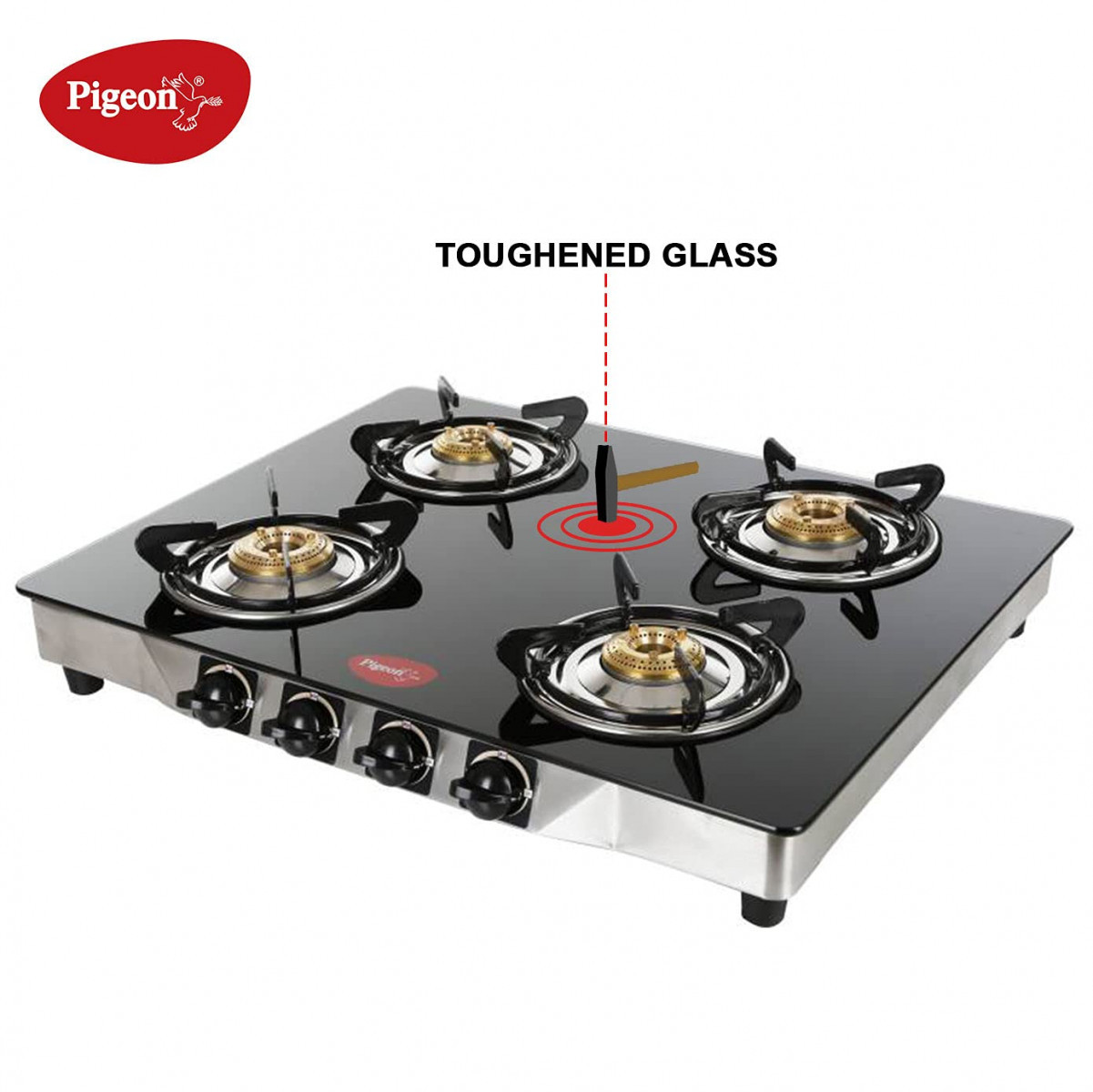 Pigeon by Stovekraft Blaze Gas Stove with High Powered 4 Brass Burner Glass Cooktop has Glass Top