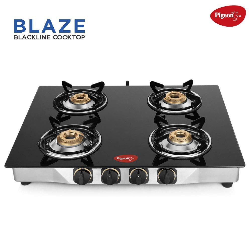 Pigeon by Stovekraft Blaze Gas Stove with High Powered 4 Brass Burner Glass Cooktop has Glass Top